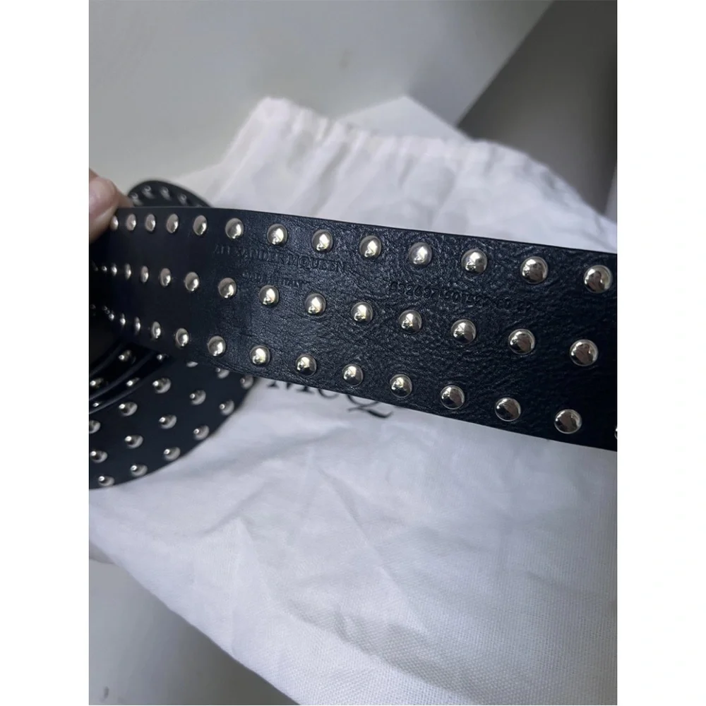 ALEXANDER McQUEEN Black Silver Studded Leather Belt Extra Long NEW RARE! 32 80 - Picture 4 of 6